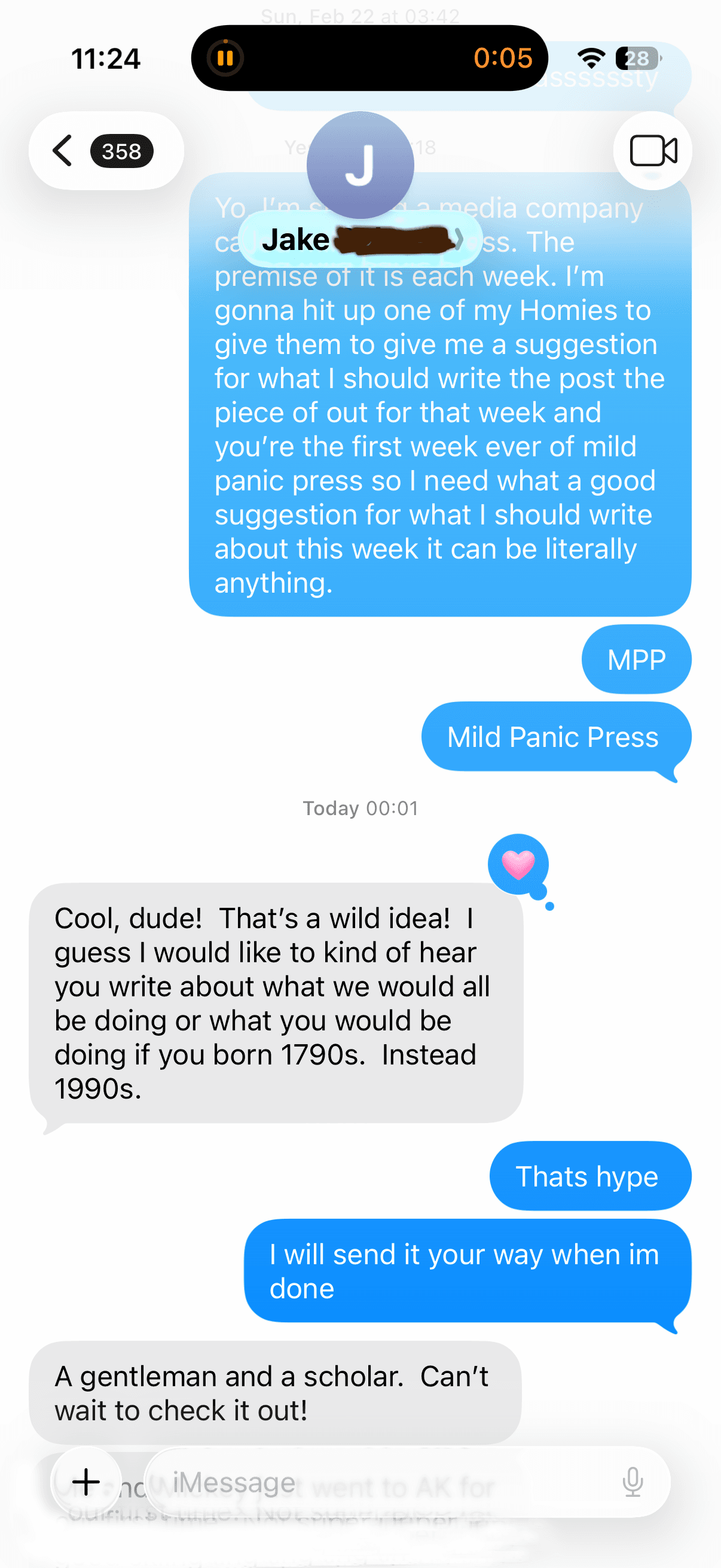 iMessage conversation with Jake that sparked Week 1's theme: what would you be doing if you were born in the 1790s instead of the 1990s?